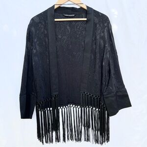 ZARA | WOMENS BLACK PAISLEY FRINGE KIMONO TASSEL OPEN CARDIGAN MEDIUM